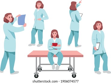 Set of vector isolated cartoon flat female doctor nurse character
