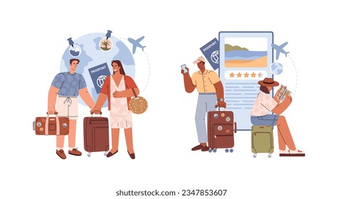 Set of vector isolated cartoon illustration of traveling people arrived at the destination, studying map while sitting on suitcase against the background of map, the path of airplane, passport