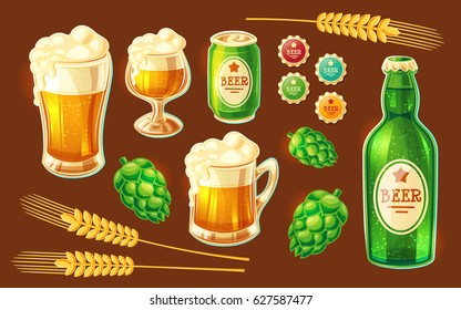 Set of vector isolated cartoon illustrations of various containers for bottling and storing beer - beer glasses of various shapes, glass bottle, aluminum can - and cones of hops, barley spikelets