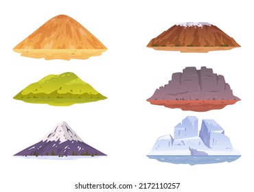 Conjunto de íconos de montaña de dibujos animados aislados vectoriales. Montañas paisaje natural, cima de colina, iceberg, picos de hielo de nieve. Viajes montañosos, turismo o diseño de senderismo.