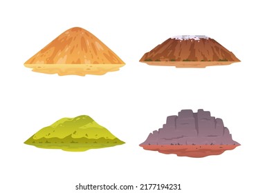 Set of vector isolated cartoon mountain icons. Mountains natural landscape, hill top, iceberg, snow ice peaks. Travel mountaineering, tourism or hiking design elements.