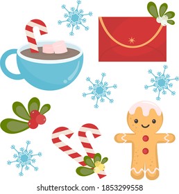 set of vector isolated Christmas image of spicy man cookies,lollipop caramel,mistletoe leaves and berries,envelope with letter,hot drink in blue cup with marshmallows on white background with blue sno