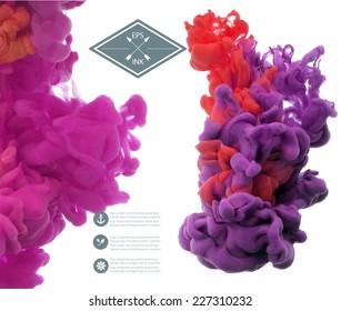 Set of vector isolated clouds of pink,red and violet ink swirling in water on white.  Texture of splashes of paint, ink