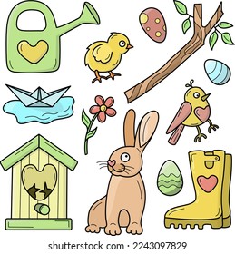 Set of vector isolated color illustrations with black line spring, easter theme.