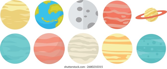 Set of vector isolated colorful planets on white background, space planet icons