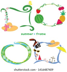 Set of vector isolated decorative funny bright summer frames of various shapes with flowers, fruits, objects  for the beach, sea, vacations, holidays, relax, impressions and travels