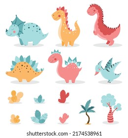 set of vector isolated dinosaurs on white background, cute dinosaurs, dinosaurs for kids