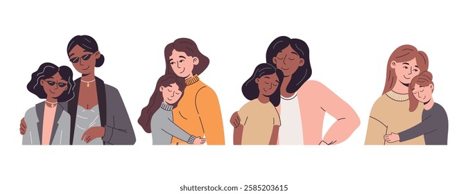 Set of vector isolated diverse mother and daughter illustrations. Loving parent and child embrace in modern flat style. Collection of affectionate family moments with different ethnicities.