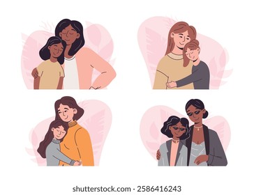 Set of vector isolated diverse mother and daughter illustrations. Loving parent and child embrace in modern flat style. Collection of affectionate family moments with different ethnicities.