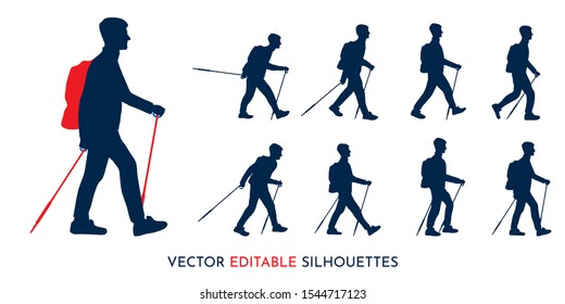 Set of vector isolated editable silhouettes. Travel concept of discovering, exploring and observing nature, hiking and traveling. The guy walks with backpack and travel walking sticks.