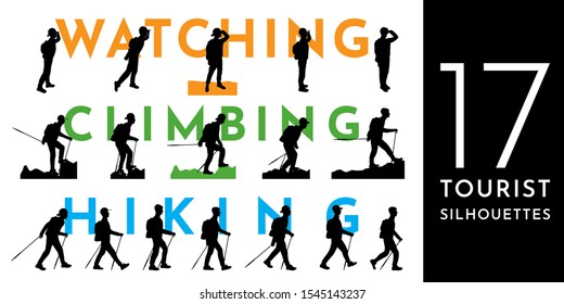 Set of vector isolated editable silhouettes. Travel concept of discovering, exploring and observing nature, hiking and traveling. The guy watches the nature, climbs to the top of the mountain