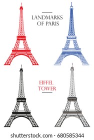 Set of vector isolated  Eiffel tower in black, white and colors: contour and silhouette on white background