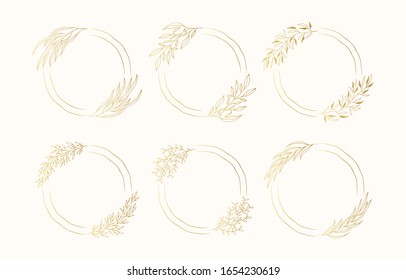Set of vector isolated elegant flourish wreaths. Golden floral herb frames. Rustic gold invitation or greeting borders for wedding card. 