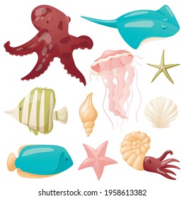 Set of vector isolated elements on a white background. Collection of marine life and colorful fish and shells. Design elements or decorations in bright and pleasant colors.