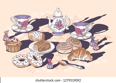 Set of vector isolated elements for вreakfast or teatime. Home baking: cupcakes, rolls, strudel, cakes, donuts, sweets. Teapot, cups and spoons on the tablecloth. Handmade drawing vector illustration.