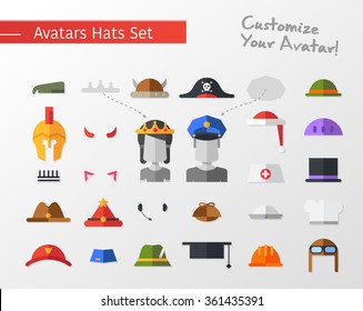 Set of vector isolated flat design hats and caps icon for social network avatars