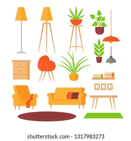 Set of vector isolated flat furniture coffee table, armchair, lamps. Couch, nightstand, shelf and plants. Illustration of Modern design, interior objects for house, hotel
