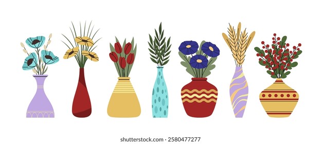 Set of vector isolated flowers in vases