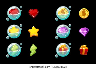 Set of vector isolated game icons in bubbles. Soap bubbles with objects for the interface or game menu.