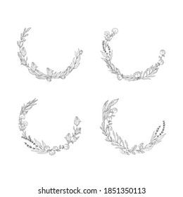 Set of vector isolated gold spring flourish delicate backgrounds for wedding invitation cards. Elegant botanical laurel wreaths. Golden floral frames with ornate branches and flowers.