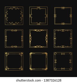 Set of vector isolated golden vintage square flourish frames and fancy borders. Gold calligraphic design elements.