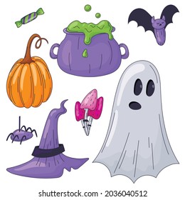 Set of vector isolated Halloween outline stickers. A bright cartoon image of a ghost, witch accessories, a pumpkin and a spider.