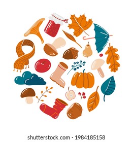 Set of vector isolated hand-drawn autumn elements. Collection of isolated seasonal icons: scarf, leaves, mushrooms, berries, jam, sock, shoes, umbrella, tea, acorn, nut, candle, pear, apple, book.