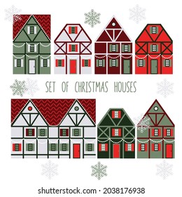 set of vector isolated houses decorated with garlands for Christmas. European flat-style houses in red, green and white colors. architectural element for the design. stock vector illustration EPS 10