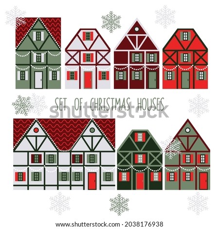 set of vector isolated houses decorated with garlands for Christmas. European flat-style houses in red, green and white colors. architectural element for the design. stock vector illustration EPS 10