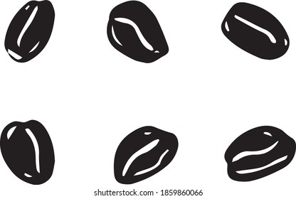 A set of vector isolated icons of coffee beans. Black and white line art, doodle style