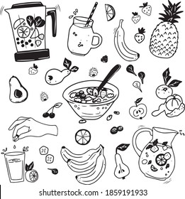 Un conjunto de iconos vectoriales aislados que representan la comida matutina saludable. Arte de línea blanca y negra, estilo doodle. Alimentos y bebidas saludables, frutas y bayas 