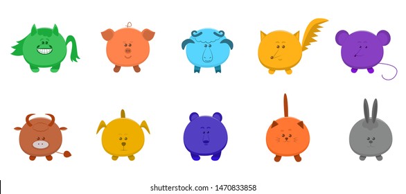 Set of vector isolated icons of funny animals in flat style. Cow, dog, horse, mouse, cat, sheep, rabbit, bear, Fox, pig vector isolated images on white background for decoration, scrubbing, stickers, 