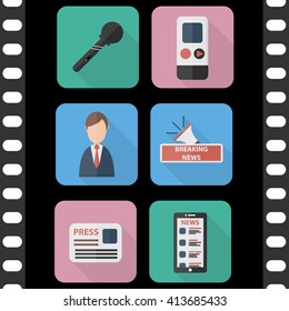 Set of vector isolated icons of journalism theme with long shadow for web and apps