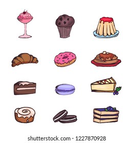 Set of vector, isolated icons for pastry shop on white background. Baking, sweets, cakes, pastries and cookies.