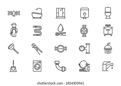 Set vector Isolated icons of plumbing. Editable stroke. Contains such Icons as pipe, valve, plumber, mixer, bathtub, water heater, meter, vent