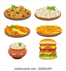 Set of vector isolated illustration, food. Rice, dumplings, French fries, hamburger.