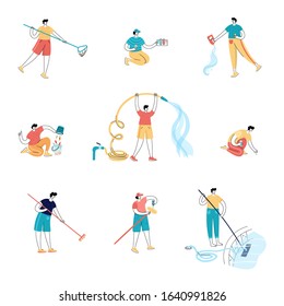 Set of vector isolated illustration of men cleaning a swimming pool with tools. Skimming, brushing, vacuuming, adding chemicals, testing. Pool maintenance basics. 