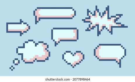 Conjunto de ilustraciones aisladas vectoriales. Ventanas de diálogo de píxeles, burbujas de voz, corazón, flecha, burbuja de nubes. Formas, lugar para texto, plantillas retro, símbolos de juego de 8 bits