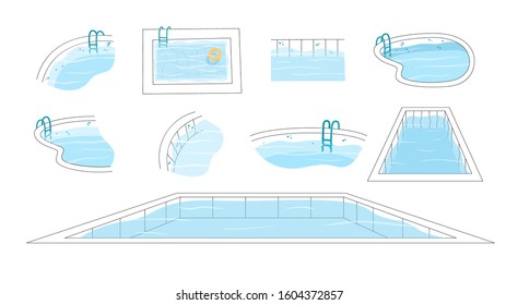 Set of vector isolated illustration of the swimming pool with ladder, top and horizontal view