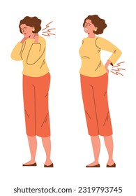 Set of vector isolated illustration of woman standing and feeling back and neck pain. Tired employee, person is upset and stressed. Good health concept on white background