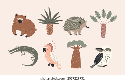 set of vector isolated illustrations of australian trees and animals