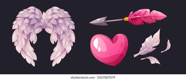 Set of vector isolated illustrations of cupid's things. Wings, heart, arrow and feathers