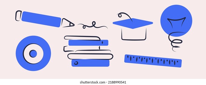 Set of vector isolated illustrations of differents study items. Blue education symbol collection. Light grey background. Geometric minimal style with drawn strokes
