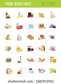 Set of vector isolated illustrations of food and drink additives, e, flavor enhancers,  sauces, flours, syrups, spices, nature flavorings, artificial dressings, seasonings, and other substances.