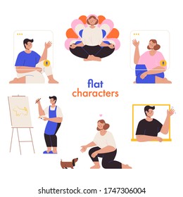 Set of vector isolated illustrations of people doing home activities. Female and male characters talking, playing with dog, painting and greeting someone from the window. 