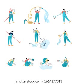 Set of vector isolated illustrations of workers in uniform cleaning a swimming pool with tools. Skimming, brushing, vacuuming, adding chemicals, testing. Pool maintenance basics. 