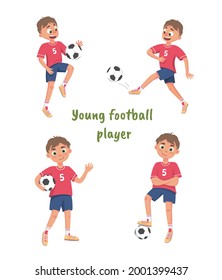 a set of vector isolated images of a football player boy in different poses. A child playing football with a soccer ball and scores a goal. A cartoon-style character