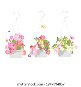 a set of vector isolated images of home flowers in pots. colorful plants