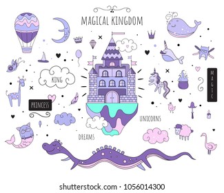 Set of vector isolated images. Magical animals. Magic castle. Purple tones + white background