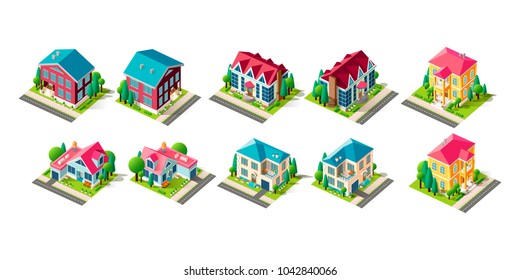 Set vector isolated isometric illustration facade apartment country house architecture vacation home, penthouse, cottage near road right left view city infrastructure element icon white background